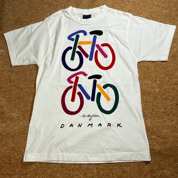 Vintage Bo Bendixen Bike Art Tee Denmark White Medium Unisex 90s Graphic T-Shirt - Picture 1 of 14